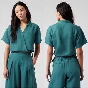 Athleta Playa Tie Top Linen Short Sleeve Wrap Teal Collared Size Small